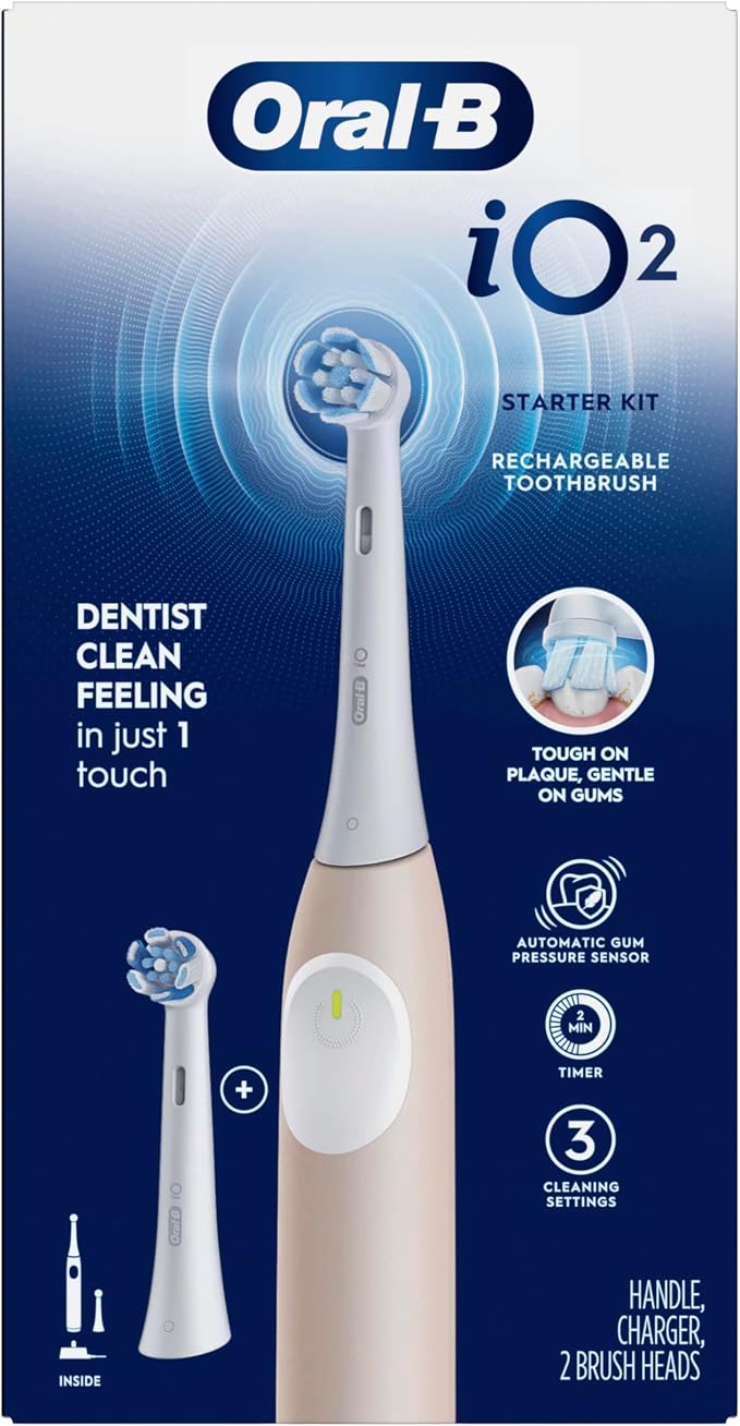 Oral-B Rechargeable Electric Toothbrush, iO2, 3 Cleaning Modes, Automatic Pressure Sensor to Protect Gums, Peach
