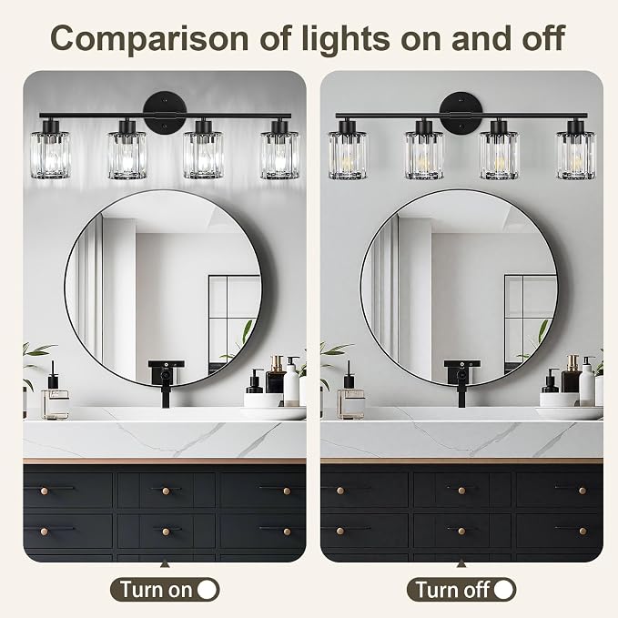 Crystal Bathroom Light Fixtures, Bathroom Lighting Fixtures Over Mirror, Modern Black 4-Light Vanity Lights for Mirror, Restroom, Bedroom (Ceramic E26 Socket,Bulbs Not Include)