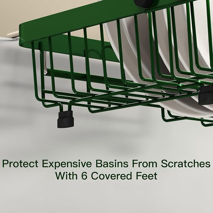 Green Dish Drying Rack Over The Sink with Utensil Holder | Expandable Stainless Steel Dish Drainer for Small Kitchen, Apartment, RV, Counter Space Saving, Perfect Fit, Rustproof