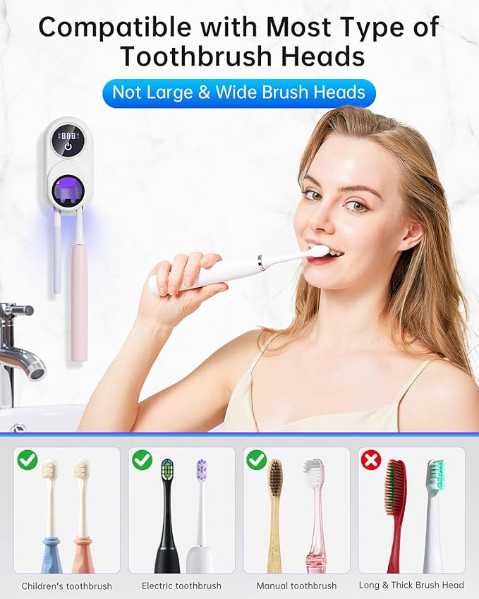 Toothbrush Holder & Toothbrush Cleaner, Fan & Heat Drying, LED Smart Screen, Wall Mounted Tooth Brush Holder for Bathrooms (White+Black)
