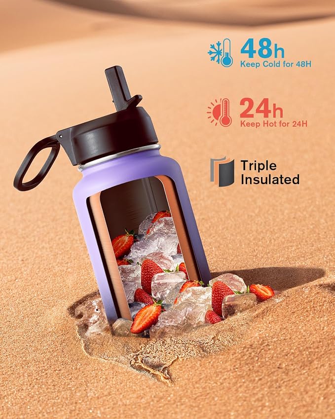 Coolflask Water Bottle 40 oz Insulated with Straw, Stainless Steel Metal 3 Lids Water Flask for Sports or Office, Keep Cold 48H Hot 24H, Purple Black