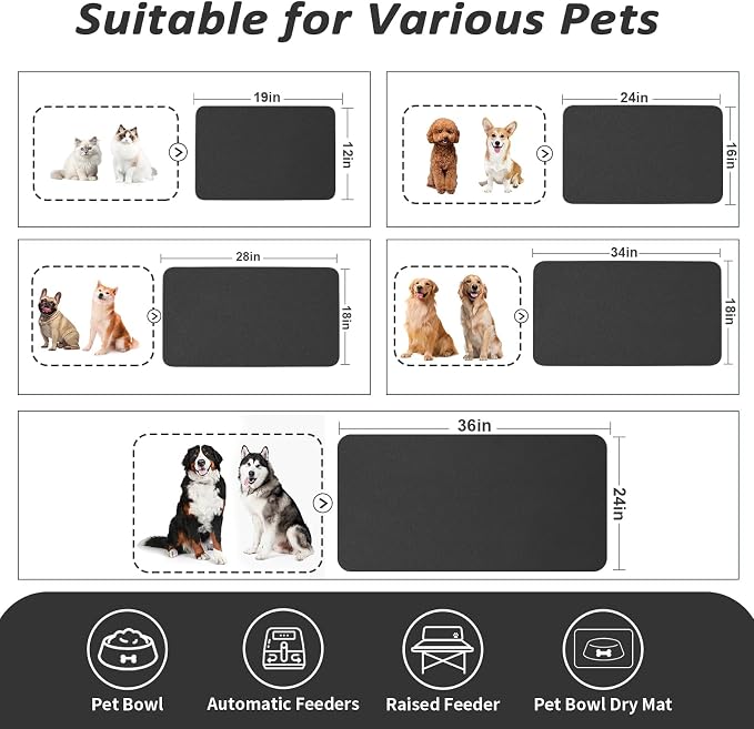 HotLive Dog Food Mat - Absorbent Cat Mat for Food and Water, No Stains Pet Feeding Bowl Mat, Easy to Clean Pet Placemats, Quick Dry Dog Water Dispenser Mat for Messy Drinkers | Black 16"x 24"
