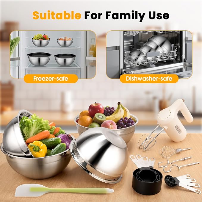 Lord Eagle 5-Speed Hand Mixer Electric With 4 Stainless Steel Mixing Bowls Set, 300W Lightweight Kitchen Handheld Mixer with Measuring Cups & Spoons, Baking Supplies for Cake, Cream