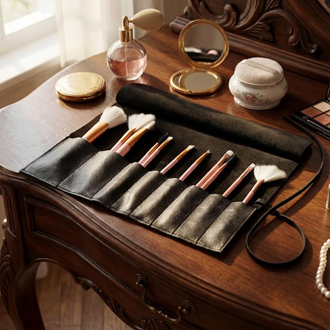 Kacctyen Black Leather Makeup Brush Roll, Full Grain Leather Organizer with 8 Brush Slots, Travel-friendly Cosmetic Tool Holder for Makeup Artists & Beauty Enthusiasts