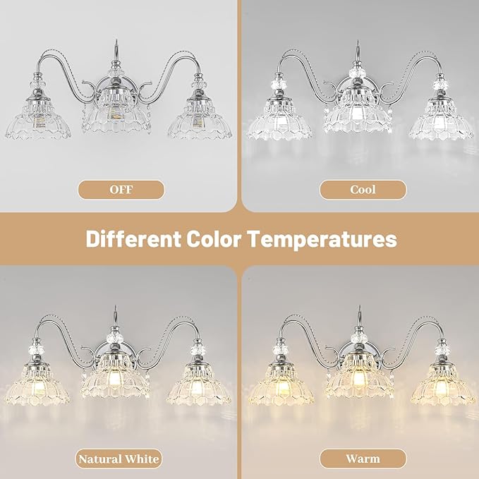Brushed Chrome Bathroom Vanity Light, 3-Light Chrome Finish Wall Sconce with Hanging Crystal Accents and Flower-Shaped Clear Glass Shades, Modern Wall Mount Vanity Light Over Mirror for Bathroom