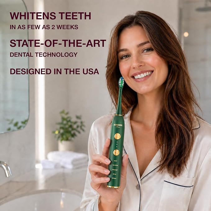 Wagner Stern WHITEN+ Electric Toothbrush, 48,000 VPM, Pressure Sensor, 5 Modes, 8 Brush Heads, Travel Case