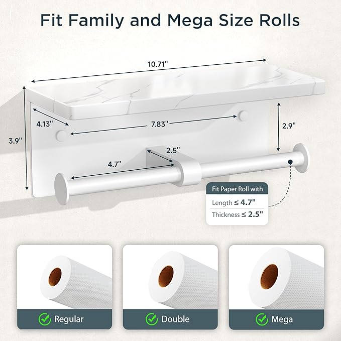 FORIOUS Toilet Paper Holder with Shelf, Marble Wall Mount Tissue Roll Holder for Bathroom, Washroom, 304 Stainless Steel Double Commercial Toilet Tissue Dispensers with Phone Shelf, White
