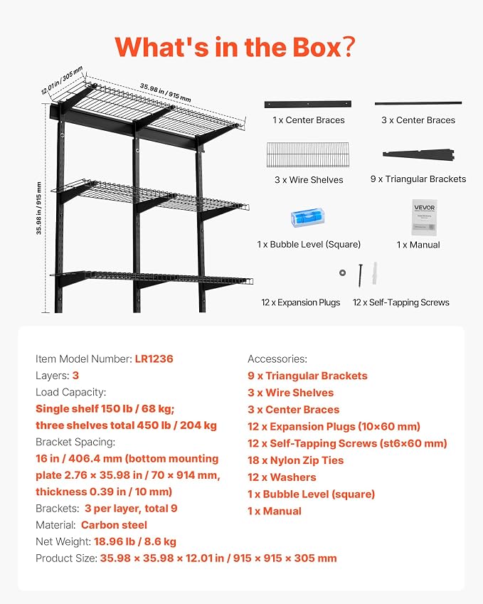 VEVOR 3-Tier Heavy Duty Wall Garage Shelving, 1 x 3 ft Steel Wall Mounted Shelving Unit, 11 x 36 Inch Per Shelf Floating Storage Metal Rack for Garage with 450 lbs Total Weight Capacity, Black