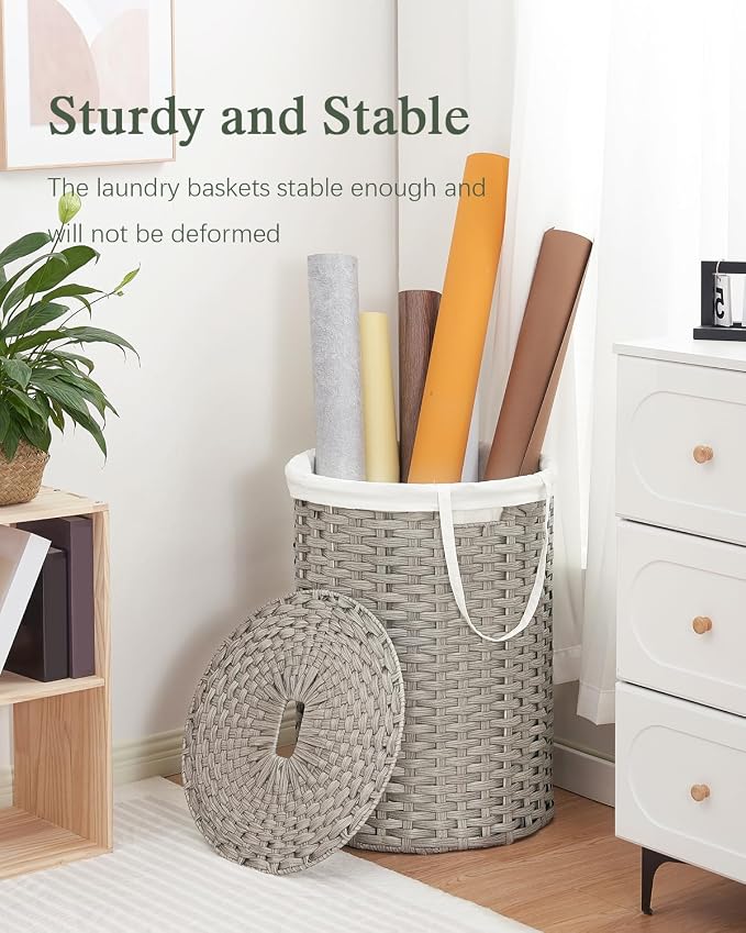 SETVSON Laundry Basket with Lid Round 29.1 Gal (110 L) PE Rattan, Gray | Decorative PE Rattan Furniture Look for Bedroom, Round Laundry Hamper with Lid, Removable Bag, 2 Mesh Bags, Handles