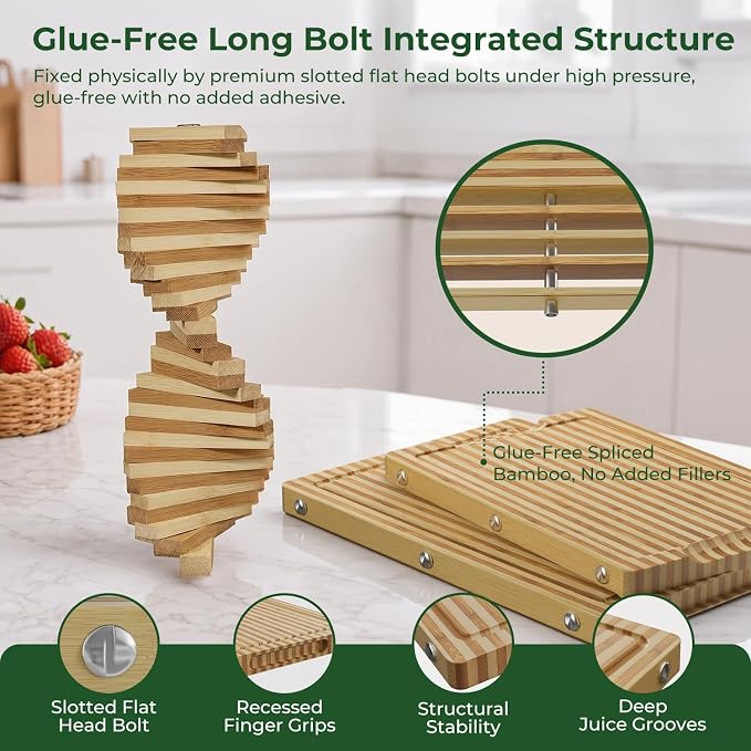 Glue Free, Plastic Free Zebra-Stripe Bamboo Pure Titanium Cutting Board Set | 6 Usable Sides, Juice Grooves, Non-Slip & Scratch Resistant, Knife-Friendly, Dishwasher Safe, Warp Resistant, Kitchen Gifts