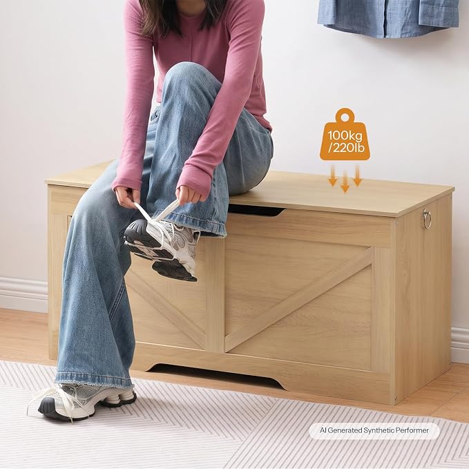 HOOBRO Storage Bench, 39.4” Retro Wooden Storage Chest with U-Shaped Cut-Out Pull, Safety Hinge, Supports 220 lb and Easy Assembly for Toy Box Organizer (Natural) NL771CW01G1