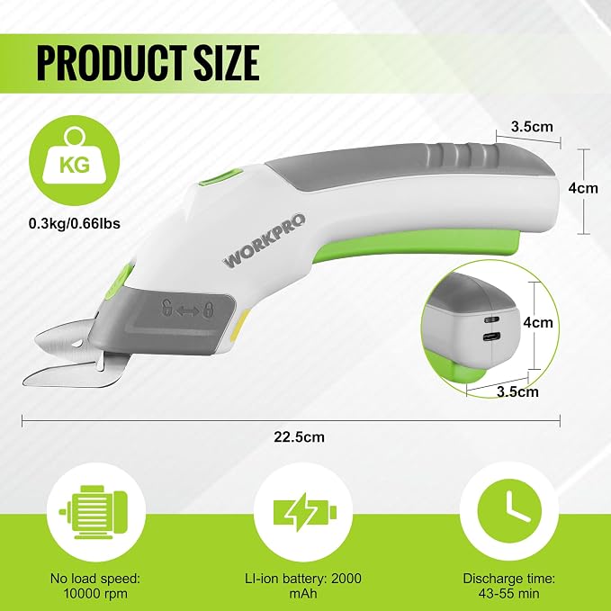 WORKPRO Cordless Electric Scissors with 2 Blades, 4V Rechargeable Powerful Shears Cutting Tool for Fabric, Leather, Carpet and Cardboard, Power Shears for Sewing, Scrapbooking, Crafting