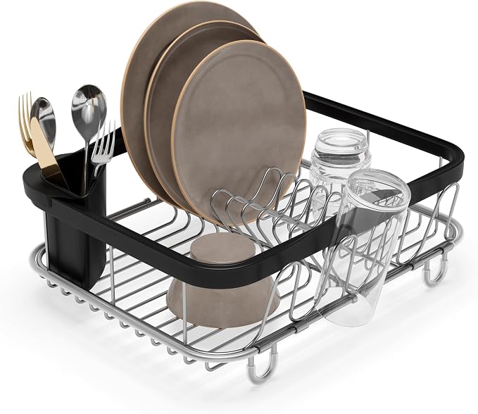 Umbra Sinkin Dish Drying Rack, in Sink or on Counter Drainer, Black/Nickel | Durable steel wire frame, rubber coated feet, low profile design, plastic base