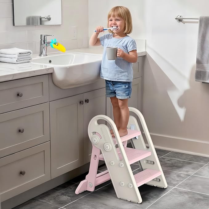 Onasti Foldable Step Stool for Kids & Toddlers, 3 Step Convertible to 2 Step with Handles, Training Stool for Bathroom Sink & Kitchen Counter, Non-Slip Stable Step Stool for Growing Children- Pink