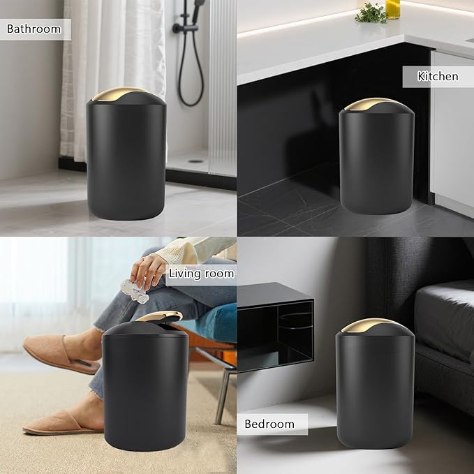 9 Pieces Black Bathroom Accessories Set, Gorgeous Gold Bathroom Set, Trash Can, Toilet Brush, Soap Dispenser and Toothbrush Holder, Soap Dish, Tumber, Qtip Holder, Tray, Sink Countertop Set Decor