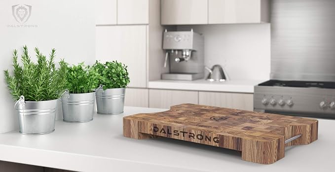 Dalstrong Cutting Board-Lionswood End-Grain Teak-16" x 12"-Steel Carrying Handles-Serving Board - Large Cutting Boards For Kitchen-Chopping Meat Cutting Board-Two Sizes