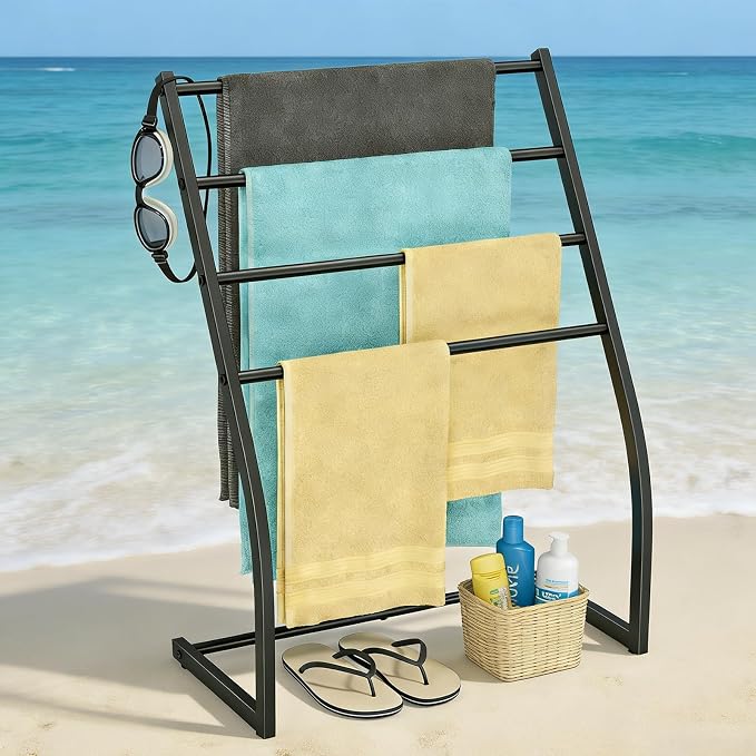 Honiter Towel Drying Rack for Bathroom, Free Standing Towel Rack, 4 Tier Wide Towel Dryer Rack, Pool Towel Racks Outdoor, Blanket Ladder Holder, Metal Towel Bar Stand for Oversized Bath Towel