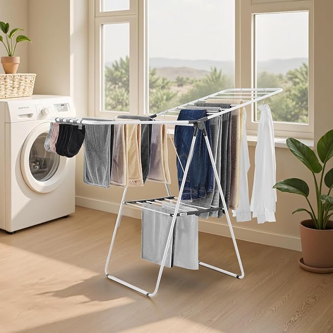 VEVOR Clothes Drying Rack, 2-Tier Foldable Laundry Dryer Rack with Sock Clips & 21 Drying Rods, Metal Height Adjustable Drying Racks for Outdoor & Indoor, Free-Standing & Space-Saving Hanger, White