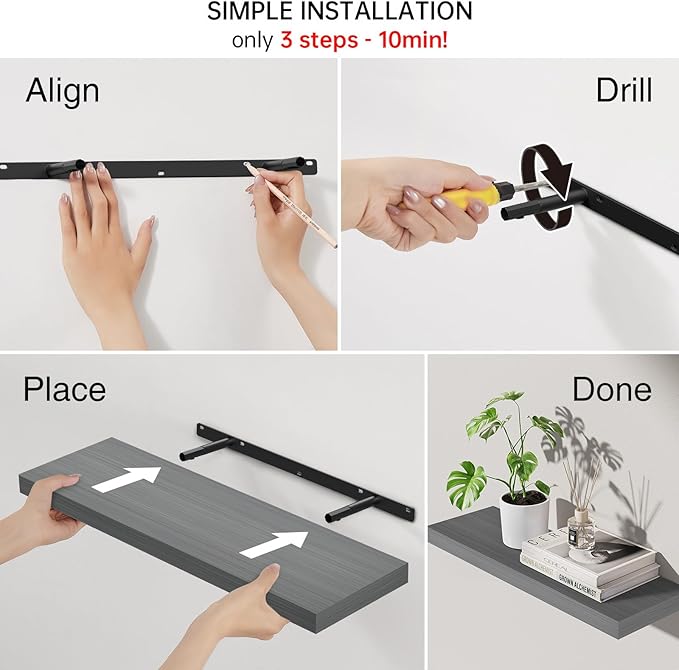 BAYKA Grey Floating Shelves for Wall, Set of 3, 22.5 inch Wall Mounted Shelf for Bedroom, Living Room, Kitchen – Wood with Hidden Metal Brackets, 22LBS Capacity – Storage for Books, Plants, Decor