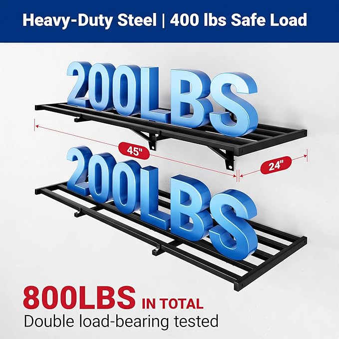 FLEXIMOUNTS 2x4ft Heavy Duty Garage Wall Shelving, 4-Pack Garage Shelving Wall Mounted with 8 Hooks, 400lbs Capacity, Storage for Power Tools, Garden Supplies, Storage Bins, Lite Series