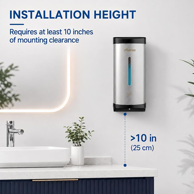 Automatic Wall-Mount Soap Dispenser, 800 mL Stainless Steel | Touchless 800 mL wall dispenser with viewing window, keyed lock and low-liquid indicator; requires 6 AA batteries.
