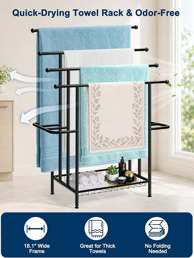 Haturi 4-Tier Free Standing Towel Rack for Bathroom, 45.3" H Black Metal Towel Drying Rack, 18.1" W with Storage Basket, Outdoor Pool Towel Holder for Oversized Towels & Blankets