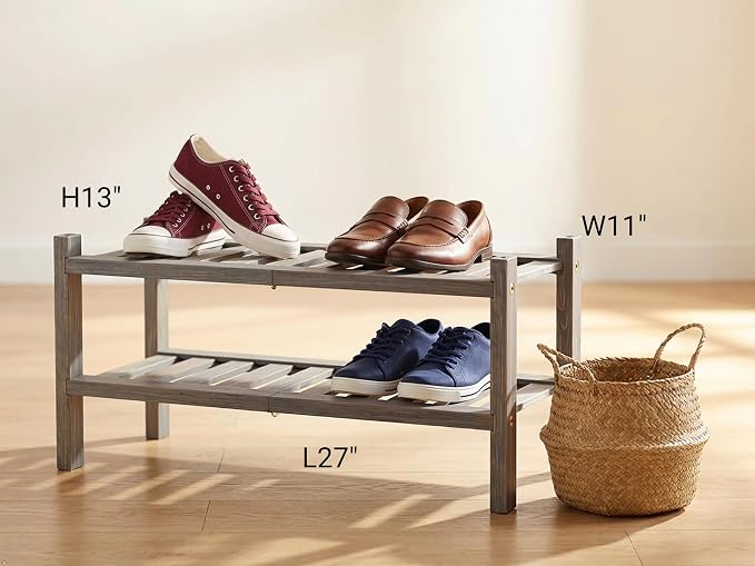 2-Tier Acacia Wood Stackable Shoe Rack - Brush Grey
