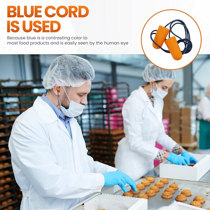 Metal Detectable Foam Earplugs 50 Pair - NRR 32dB with Detectable String - Noise Cancelling, Sound Blocking, Disposable, Corded Ear Plugs Bulk for Food Services, Industry, Pharmaceutical, Pulp & Paper