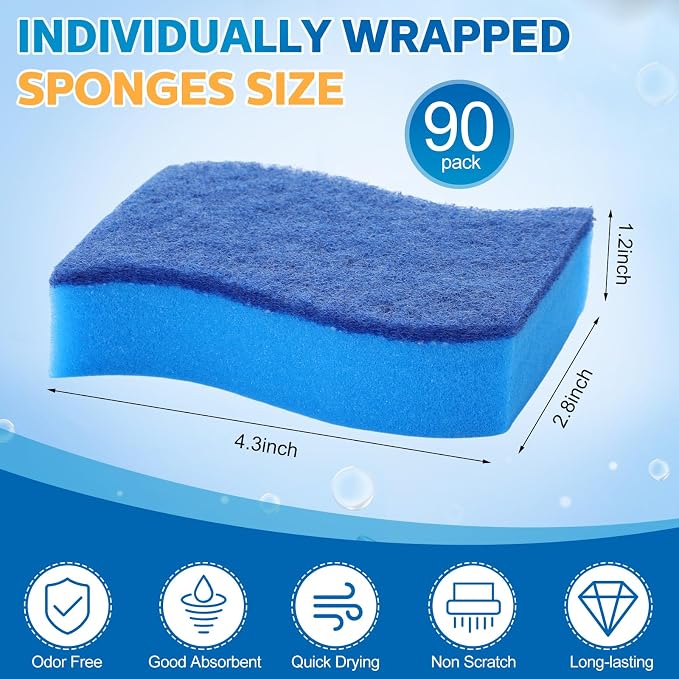 Tioncy 90 Pcs Individually Wrapped Sponge Bulk Non Scratch Scrub Kitchen Cleaning Sponges Blue Dual-Sided Dish Scrubber, Cleans Fast Without Scratching for Washing Dishes and Cleaning Kitchen
