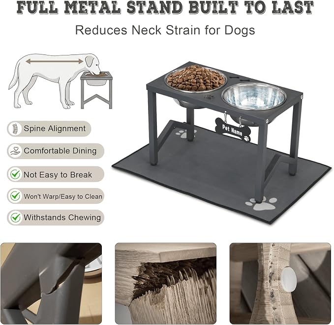 Elevated Dog Bowls, Metal Raised Dog Bowl Stand with 2 Thick 58oz Stainless Steel Food Bowls & Non-Slip Mat - 11.8" Tall for Medium/Large Breeds(Grey)