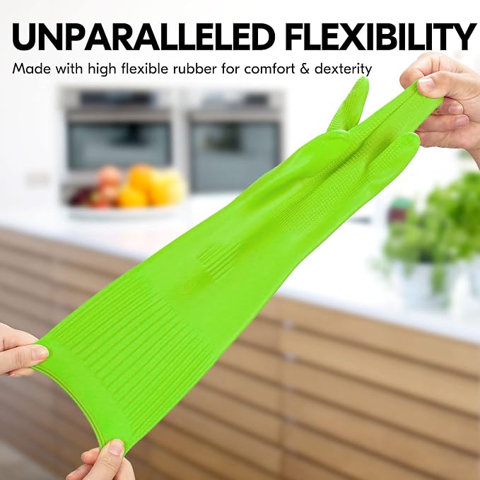 Vgo... 1-Pair Dishwashing Gloves, Reusable Household Gloves, Kitchen Gloves, Long Sleeve, Thick Latex, Cleaning, Washing, Working, Painting, Gardening, Pet Care (Size L,Green, RB2143)
