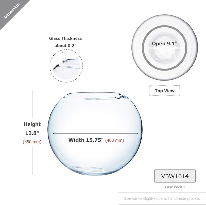 WGV Large Bowl Glass Vase, Diameter, Height, (Multiple Sizes Choices) Clear Huge Round Bubble Vase Jar, Floral Planter Terrarium for Wedding Event Home Decor (15.8" D)