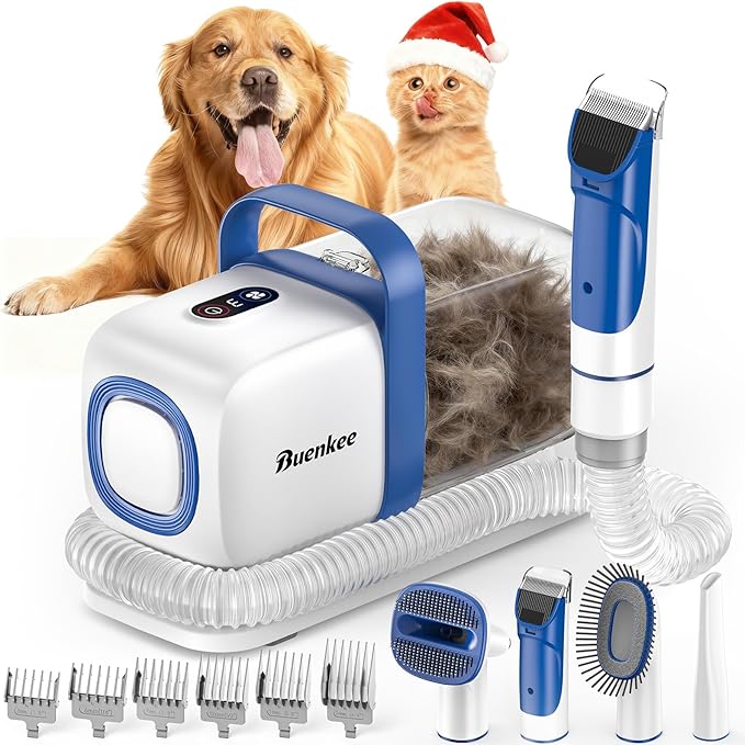 buenkee Dog Grooming Kit with Vacuum, 15000Pa Pet Hair Clipper and Shedding Brush, 2L Capacity, White