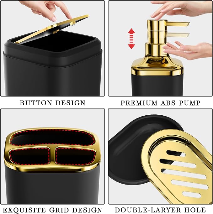 XLHOMO Bathroom Accessory Set - 24PCS Luxury Bathroom Accessories Set, Bathroom Sets with Shower Curtain and Rugs, Black Bathroom Set with Trash Can, Toothbrush Holder & Soap Dispenser for Home Decor