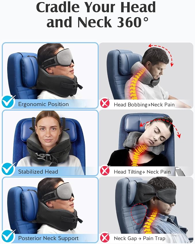 YFONG Travel Pillow for Long Flight Airplane, Head Strap Combo with 3D Contoured Sleep Eye Mask, Neck Pillow for Travel Essential, 360° Support Memory Foam Headrest, Prevent Bobbing, Drawstrap - Grey
