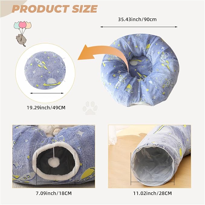 Under Christmas Tree Large Cat Tunnels Bed Tube for Indoor Cats Glows in The Dark Cat Tunnel with Cushion and Plush Ball Toy Toys for Dog Puppy Kitten Rabbit Bunnies Ferret Pet Blue