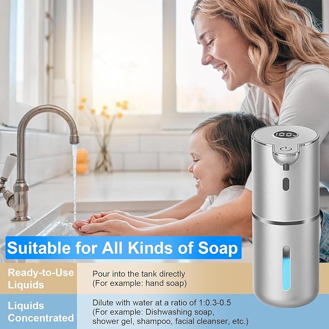OHIFAST Automatic Liquid Soap Dispenser Touchless, USB Rechargeable Smart Hand Soap Dispenser, 6-Level Adjustable, 12.8oz/380mL Wall Mounted for Bathroom Kitchen Accessories Dish Soap-Silver