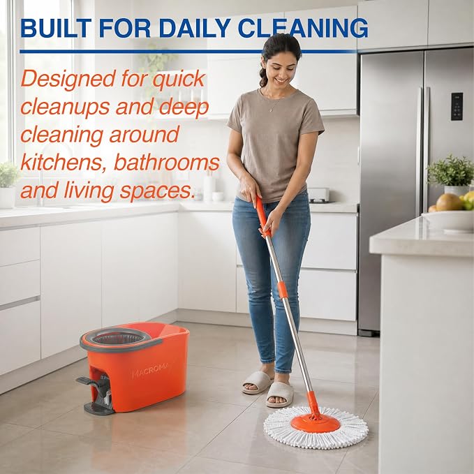 Macromax Force Spin Mop and Bucket Set with 9 Refills– Pedal-Activated Wringer System – 360° Microfiber Mop for Floor Cleaning – Ergonomic Handle – Wet or Dry Use – Hardwood, Tile & Laminate