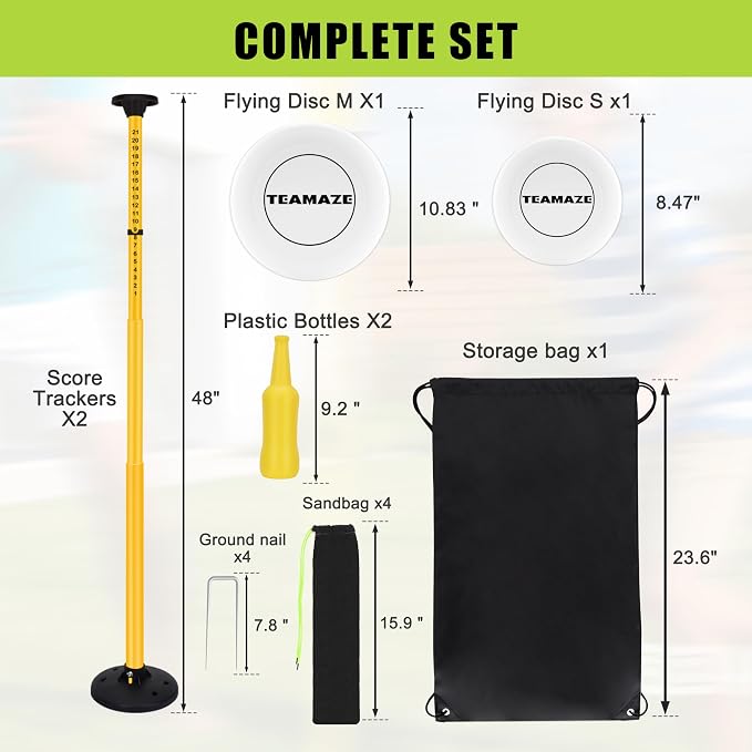 Flying Disc Game Set with Height-Adjustable Poles & Score Tracker | Outdoor Bottle Toss Game for Beach, Lawn, Camping, Polish Horseshoes Set for Family & Friends Party Games