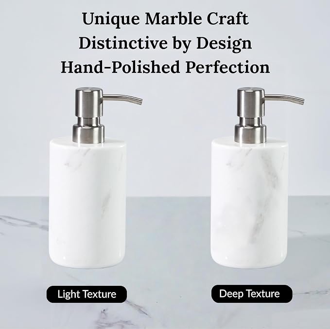 Marble Soap Dispenser Natural Organic Soap Pump with Metal Push Pump, Elegant Round Hand Lotion Jar, Premium Heavy Duty Pump Bottle, Lotion Jar for Kitchen, Bathroom, Laundry Room (White)