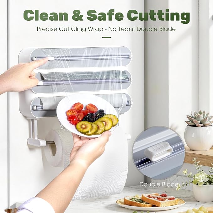 Aluminum Foil & Plastic Wrap Dispenser with Cutter - Magnetic & No-Drill Wall Mount, Cling Film Dispenser with Paper Towel Holder, Space-Saving 4-in-1 Kitchen Organizer - Fits 12" Roll, White
