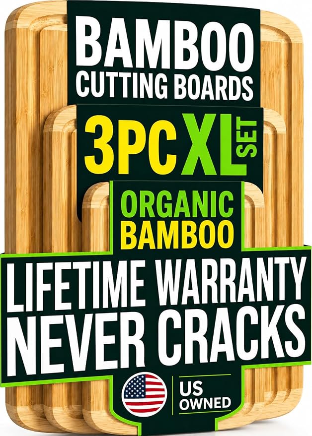 Greener Chef Luxury XL Bamboo Cutting Board Set of 3 with Vertical Grain Strength Technology - Extra Large Wood Cutting Boards for Kitchen and Lightweight Chopping Board Set - Replacements for Life
