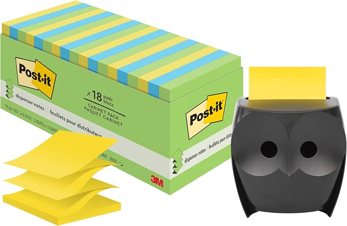 Post-it Owl Note Dispenser Gift Pack, Includes 18 Pack Post-it 3 in X 3In Super Sticky Dispenser Pop-up Notes in Alternating Colors,Floral Fantasy Collection