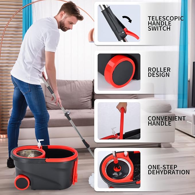Spin Mop and Bucket with Wringer Set on Wheels, 3 Mop Refills, 61" Handle | 360° Spinning Mop System with Stainless Steel Extended Handle & 3 Microfiber Refills for Floor Cleaning