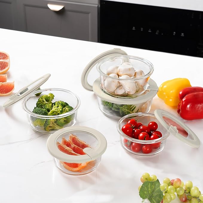 Glass Food Storage Containers with Glass Lids, Microwave Safe Food Container Set, Aitight Meal Prep Container Set, LeakProof, 100% Plastic Free, 5 Pack