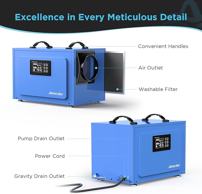 125 Pints Commercial Dehumidifier with Pump for Crawl Spaces & Basements with Drain Hose, Industrial Grade Water Damage Restoration for up to 6,000 sq ft, Auto Defrost, Memory Starting