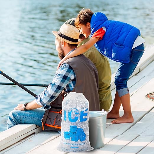 100 PACK 10 lb. Drawstring Ice Bags 12 x 21 Inch Heavy-Duty | Plastic Ice Bags with Cotton Drawstring (2mil Thickness, Design of The Ice Pattern)