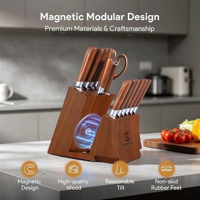 Kitchen Knife Sets With Block, Piklohas 15 Pieces Knife Sets With Magnetic Detachable Knife Holder, High Carbon Steel Damascus Pattern Chef Knife Set With Steak Knives, Ideal For House Warming Gift