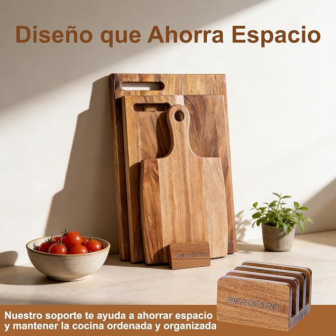 Acacia Wood Cutting Board Set of 3 with Stand, Multi-Size Wooden Chopping Boards for Kitchen Food Prep, Charcuterie, Cheese and Serving, Space-Saving Storage