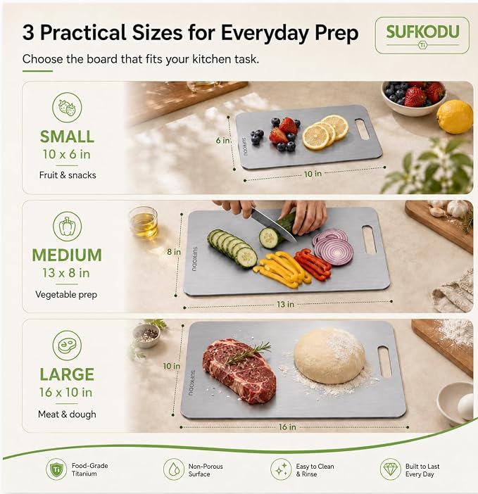 Titanium Cutting Board Set of 3, Titanium Cutting Boards for Kitchen, 100% Double-Sided Titanium Cutting Boards, Separate Raw and Cooked Food Areas, Non-Toxic, Dishwasher Safe (S+ M + L)